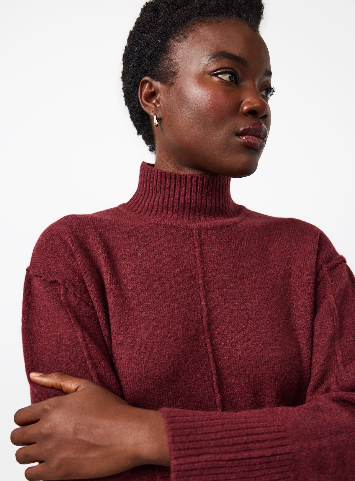 Dark Red High Neck Seam Detail Midi Knitted Dress S - Image 2 thumbnail